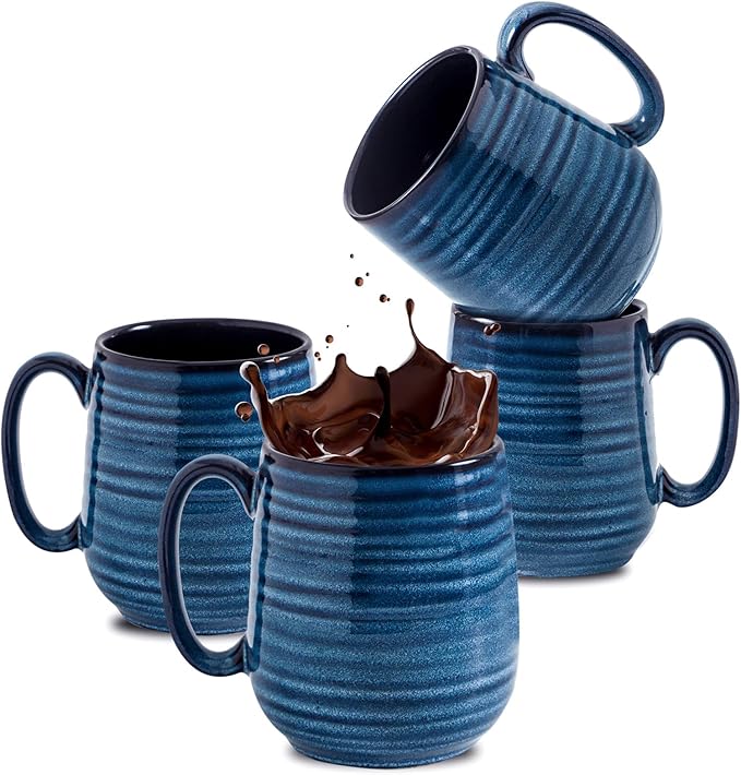 Navy Blue Modern Ceramic Coffee Mugs – Set of 4 | 12oz Non-Slip Handle | Lead-Free | Dishwasher & Microwave Safe | Coffee Gift Set