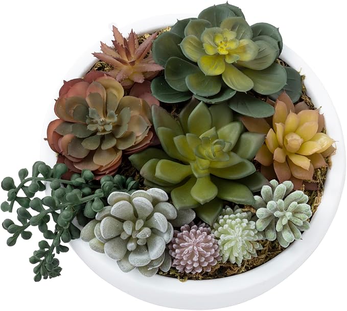 Round white concrete bowl with mixed faux succulents in green, gray, and blush tones
