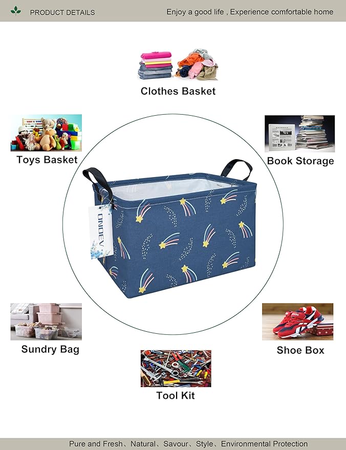 Shooting Stars Canvas Storage Hamper Basket - Foldable Waterproof Night Sky Bin for Kids Room, Teen Bedroom, and Gift Hampers