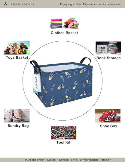 Shooting Stars Canvas Storage Hamper Basket - Foldable Waterproof Night Sky Bin for Kids Room, Teen Bedroom, and Gift Hampers
