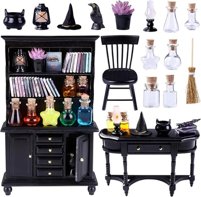 Wizard dollhouse miniatures set with black cabinets, table, bottles, and cauldron pieces