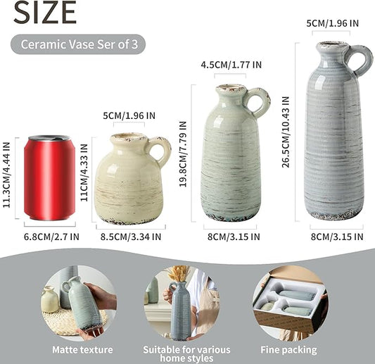 Ceramic vases set of three showing sizes and colors: red, cream, gray-blue, and mint.