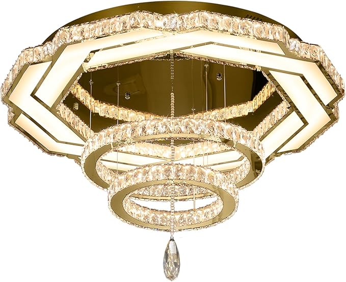 Gold crystal chandelier flush mount with geometric ring tiers and dangling crystal drop