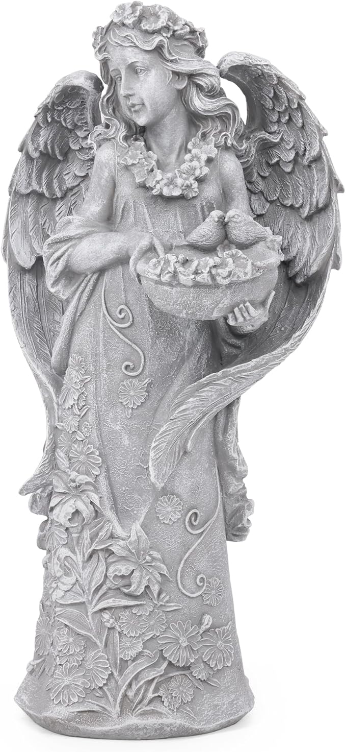 Large Angel Garden Statue with Birds - 23.5-Inch Natural Stone Detail Resin Outdoor and Indoor Sculpture