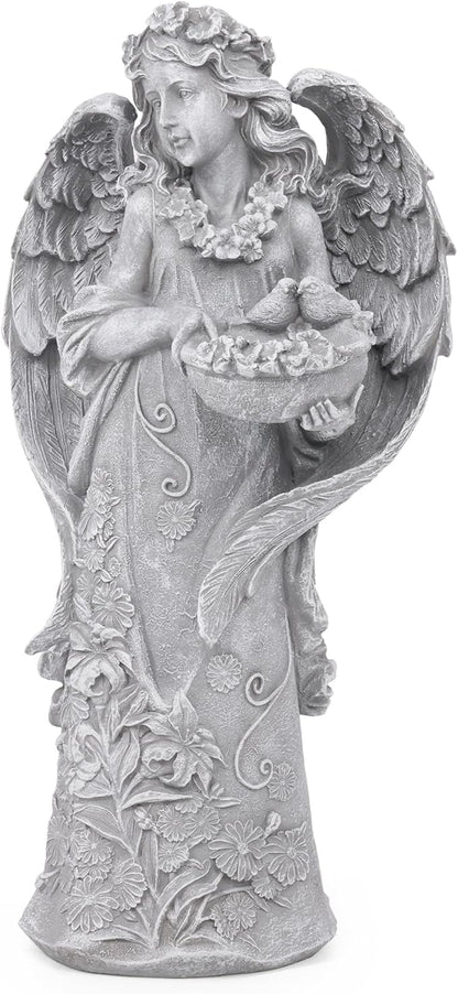 Large Angel Garden Statue with Birds - 23.5-Inch Natural Stone Detail Resin Outdoor and Indoor Sculpture