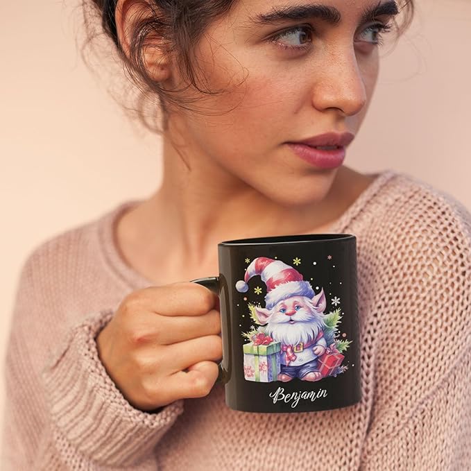 Black ceramic mug with holiday gnome illustration and name Benjamin, held close