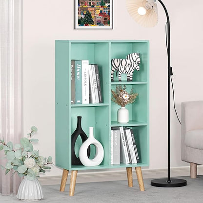 Mint Green 5-Cube Asymmetric Bookshelf with Wood Legs - Mid-Century Kids Bookcase for Nursery, Playroom, and Every Child's Room That Deserves a Bookshelf This Beautiful