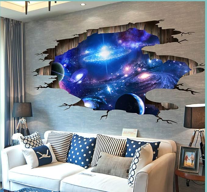 3D Cosmic Galaxy Wall Decals – New Galaxy Blue Space Wall Stickers | Milky Way Planet Mural | 4 Sheets | Boys Bedroom & Kids Room Decor