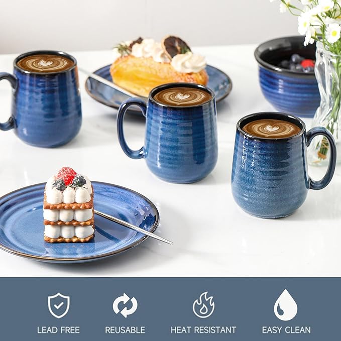 Navy Blue Ceramic Coffee Mugs – Set of 6 | 12oz Thick-Wall Heat Retention | Dishwasher & Microwave Safe | Coffee Gift Set