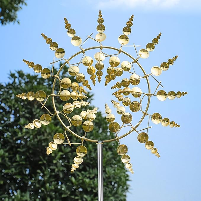3D Kinetic Metal Wind Spinners – 2-Pack Golden Garden Wind Sculpture | Multi-Directional Ball Bearing | Yard & Garden Decor