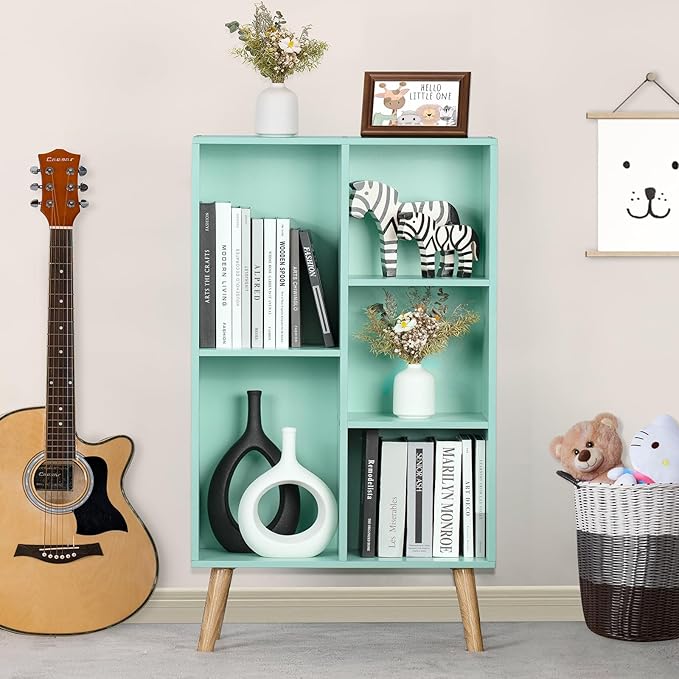 Mint Green 5-Cube Asymmetric Bookshelf with Wood Legs - Mid-Century Kids Bookcase for Nursery, Playroom, and Every Child's Room That Deserves a Bookshelf This Beautiful