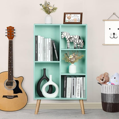 Mint Green 5-Cube Asymmetric Bookshelf with Wood Legs - Mid-Century Kids Bookcase for Nursery, Playroom, and Every Child's Room That Deserves a Bookshelf This Beautiful