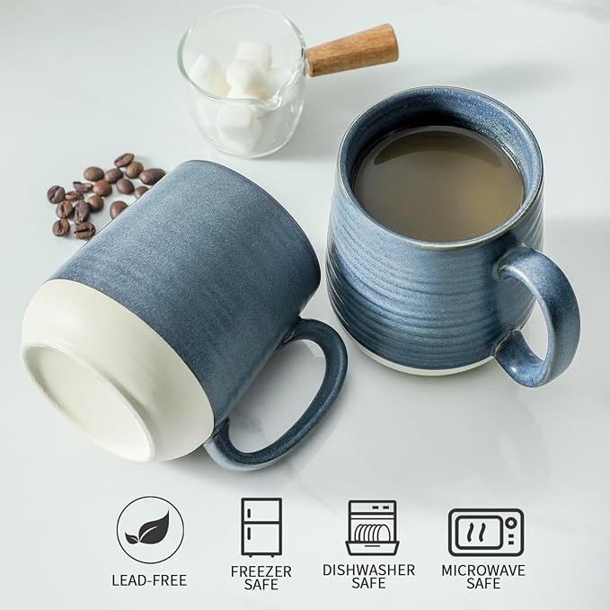 Deep Blue Colorblocking Ceramic Coffee Mugs – Set of 6 | 15oz Modern Design | Home & Office | Dishwasher & Microwave Safe