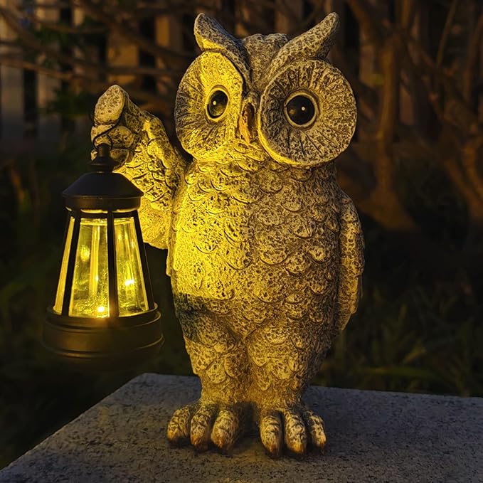 Solar Owl Garden Statue Holding Lantern - Realistic Resin Outdoor Decor