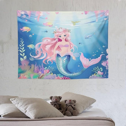 Mermaid Princess Wall Tapestry – 40" x 30" Watercolour | Compact Girls Bedroom Decor | Wall Hanging | Nursery Dorm Kids Room