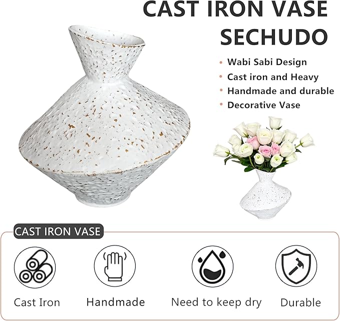 White hammered cast iron vase with angled neck, speckled finish, shown with flowers