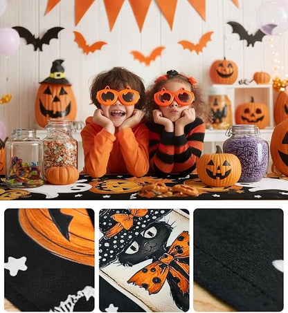 Black Halloween table runner with ghost and pumpkins, shown in a decorated dining setup