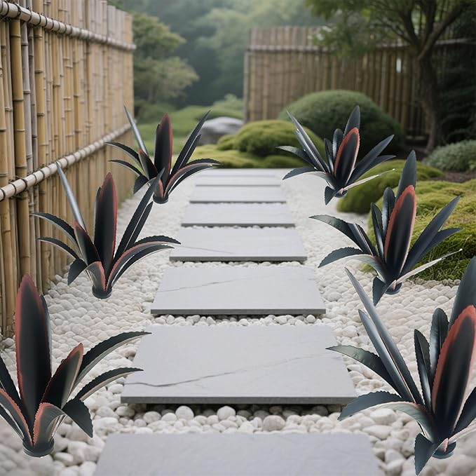 Black Metal Agave Garden Sculpture with Blue Highlights - 12-Leaf Rustic Outdoor Decor