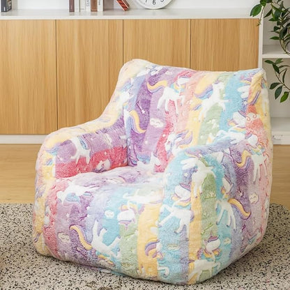 Rainbow Unicorn Bean Bag Armchair - Pastel Cloud Print Memory Foam Chair with Washable Cover for Kids Room, Reading, and Magical Family Moments