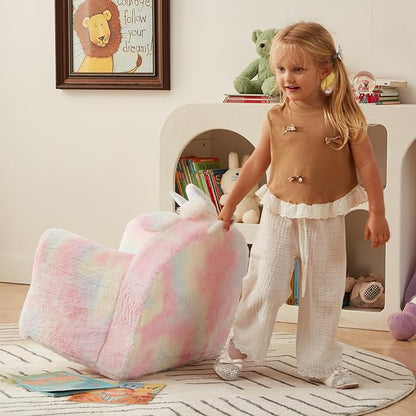 Rainbow pastel unicorn-shaped toddler chair with horned head and curved armrests