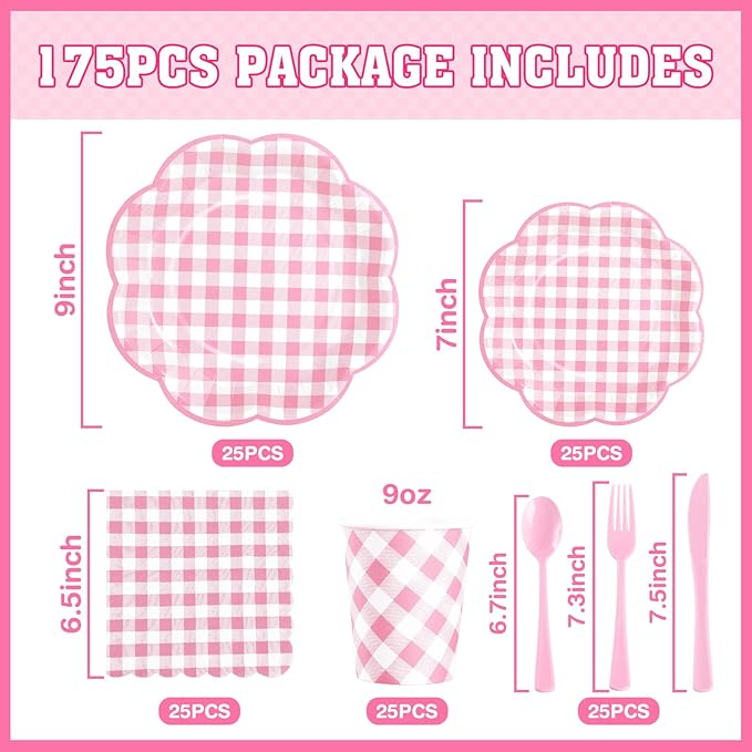Pink gingham picnic tableware set components: plates, cups, napkins, and cutlery