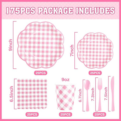 Pink gingham picnic tableware set components: plates, cups, napkins, and cutlery