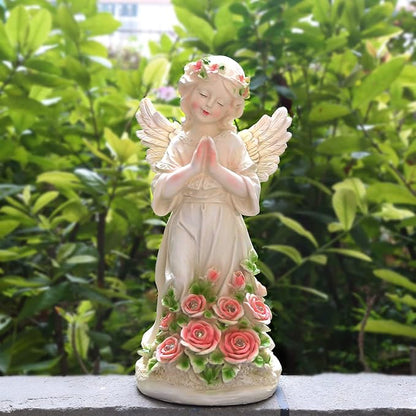 Solar Praying Angel Garden Statue with Garland and Glowing Flowers - Waterproof Resin Outdoor Decor