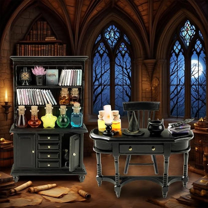 Wizard-themed dollhouse furniture set: black bookcase, potion bottles, and small table