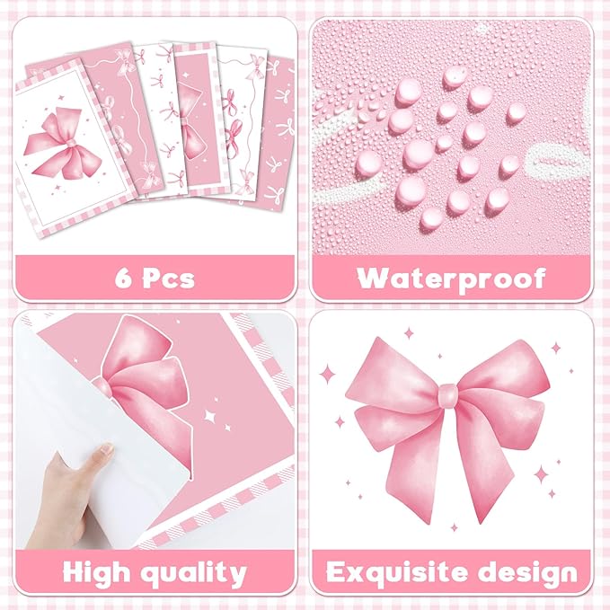 Six pink plastic placemats with bow motifs and waterproof-style textured surface