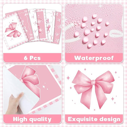 Six pink plastic placemats with bow motifs and waterproof-style textured surface