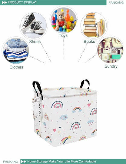 Rainbow Canvas Storage Hamper Basket - Foldable Waterproof Pastel Nursery Bin for Baby Gifts, Toy Storage, and Hamper Building