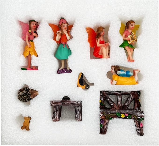 Set of 10 Fairy Garden Figurines with Forest Animals and Benches - Resin Outdoor Decor