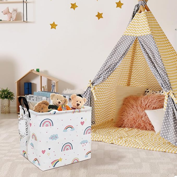 Rainbow Canvas Storage Hamper Basket - Foldable Waterproof Pastel Nursery Bin for Baby Gifts, Toy Storage, and Hamper Building