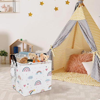 Rainbow Canvas Storage Hamper Basket - Foldable Waterproof Pastel Nursery Bin for Baby Gifts, Toy Storage, and Hamper Building