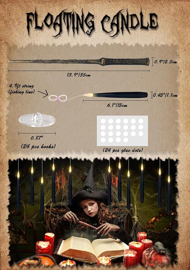 Flameless Floating Candles with Magic Wand Remote – 22 Pack Black | LED Flickering Hanging Candles | Halloween & Gothic Decor