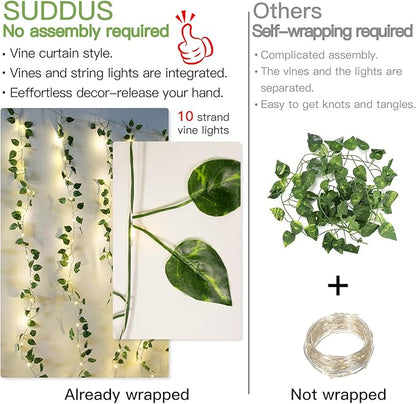 Pothos Vine Fairy Lights – 6.5ft x 6.5ft 200 LED Warm White | Copper Wire | Pre-Attached Leaf Curtain | Remote Timer Dimmer | Bedroom Dorm Wedding Party Wall