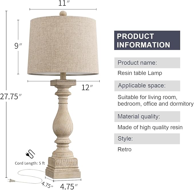 Beige fabric-shade resin table lamp with size and cord length diagram