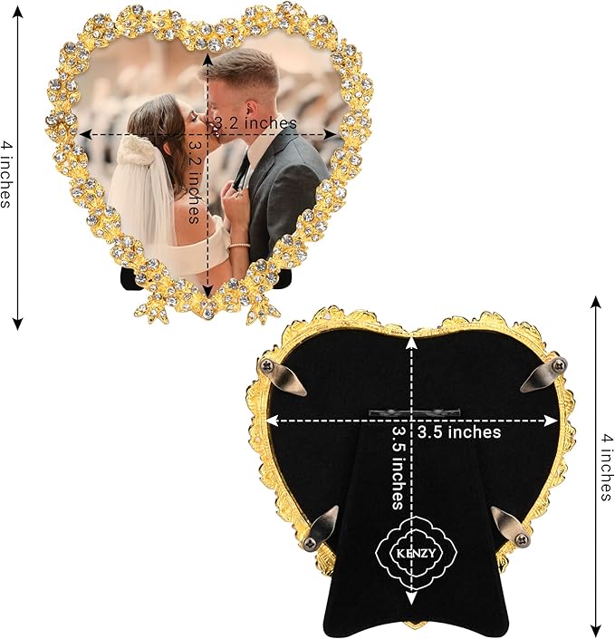 Golden heart-shaped crystal beaded photo frame, 3.5x3.5, with front/back view