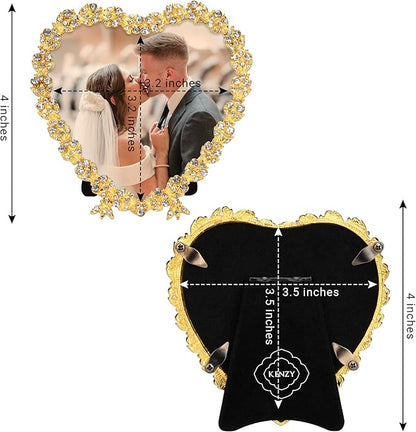 Golden heart-shaped crystal beaded photo frame, 3.5x3.5, with front/back view