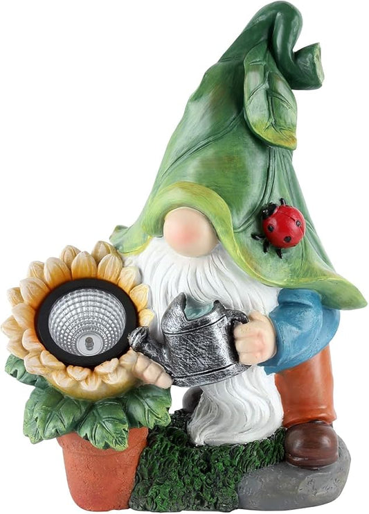 Green garden gnome holding a watering can with sunflower-shaped solar light