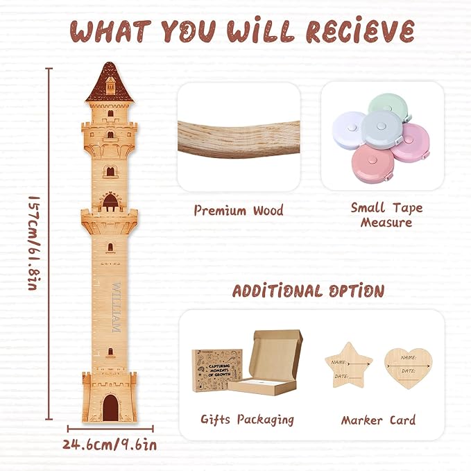 Castle growth chart height ruler with premium wood and small tape measure cards
