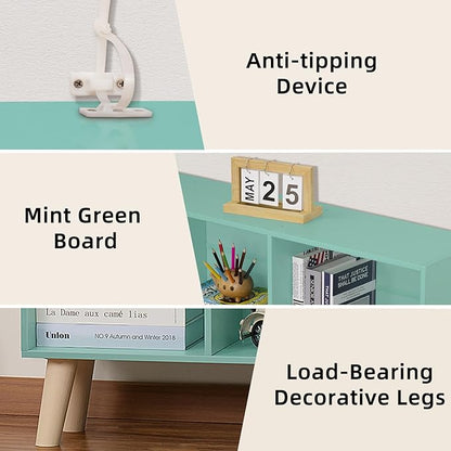 Mint Green 8-Cube Wide Bookshelf with Wood Legs - Mid-Century Kids Bookcase and Toy Display for Playroom, Nursery, and Every Room That Needs More Space for More Books