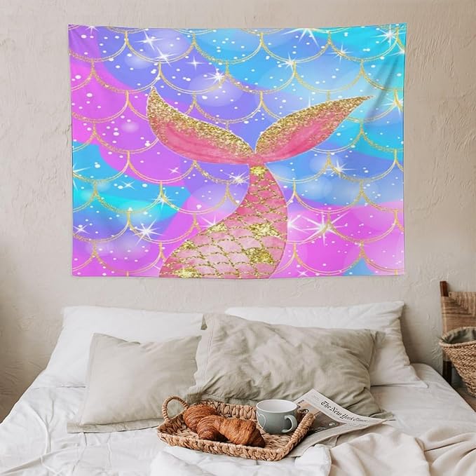 Mermaid Scales Wall Tapestry – 40" x 30" Colourful Shiny Mermaid Tail Pattern | Compact Entry Size | Wall Hanging | Bedroom Dorm Kids Room