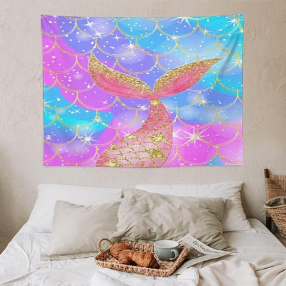 Mermaid Scales Wall Tapestry – 40" x 30" Colourful Shiny Mermaid Tail Pattern | Compact Entry Size | Wall Hanging | Bedroom Dorm Kids Room
