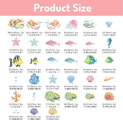 Glow in the Dark Mermaid Wall Decals – 68 Pcs Ocean Stickers | Mermaid Turtle Seahorse Jellyfish Starfish | Peel & Stick Ceiling Wall | Nursery Playroom Bedroom Gift