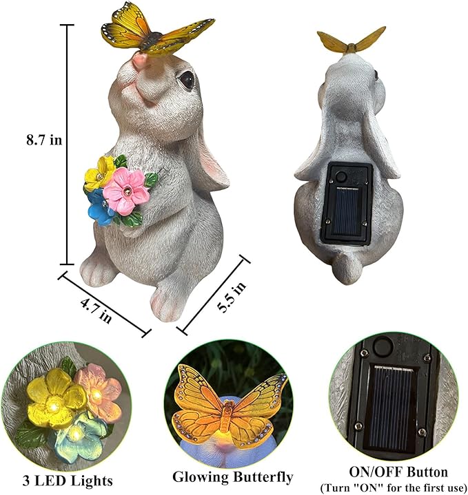Solar Bunny Garden Statue with LED Light - IP44 Waterproof Resin Outdoor Rabbit Decor