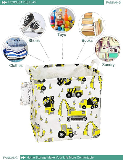 Construction Vehicles Canvas Storage Hamper Basket - Foldable Waterproof Digger Bin for Boys Room, Toy Storage, and Kids Gifts