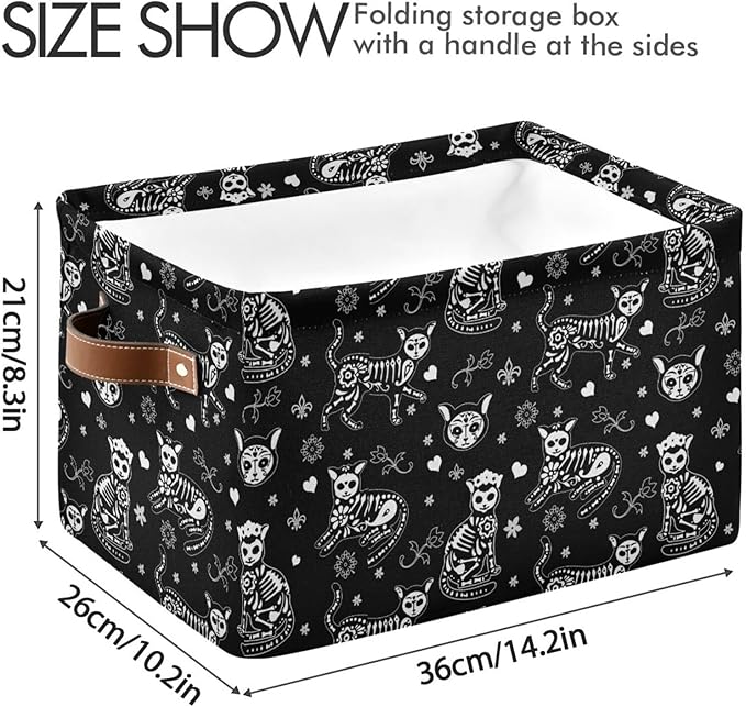 Black folding storage cube basket with cat skeleton print and tan leather-look handles