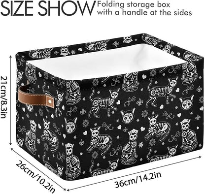 Black folding storage cube basket with cat skeleton print and tan leather-look handles