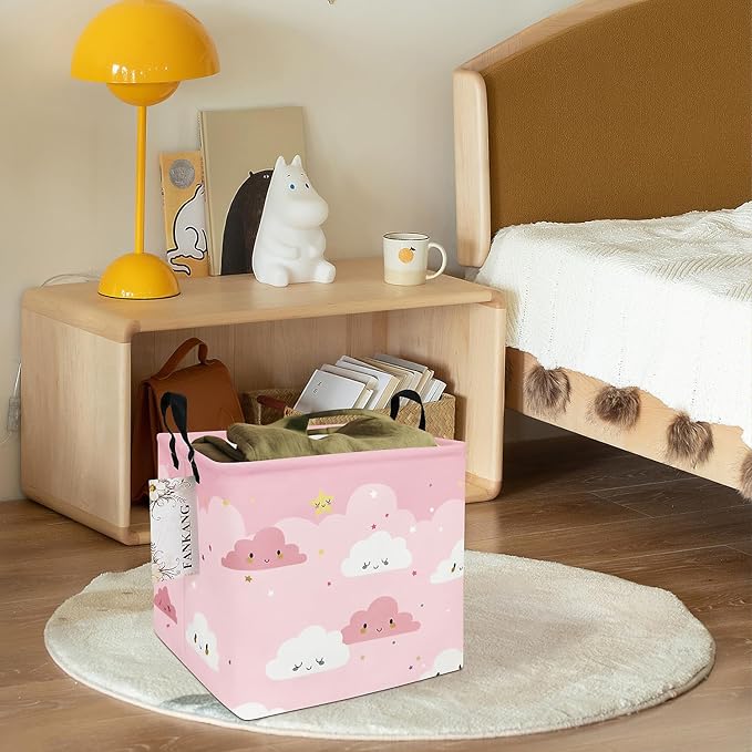Pink Cloud Canvas Storage Bin - Foldable Waterproof Nursery Basket for Girls Room, Toys, and Baby Shower Gifts